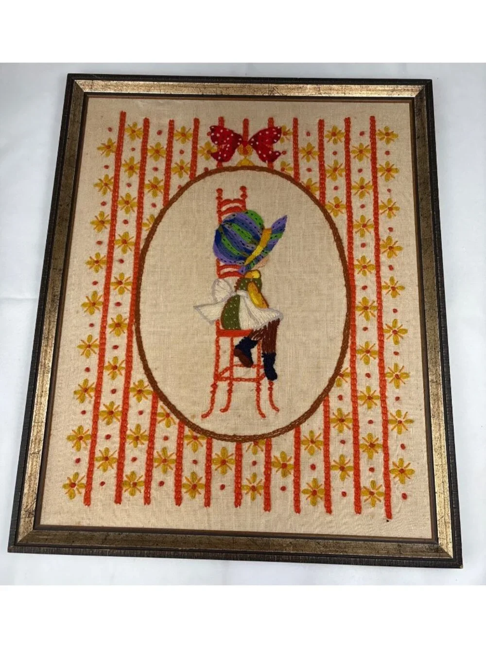 Framed Embroidered Girl on Chair Hat Bow Folk Art Wall Decor 21
